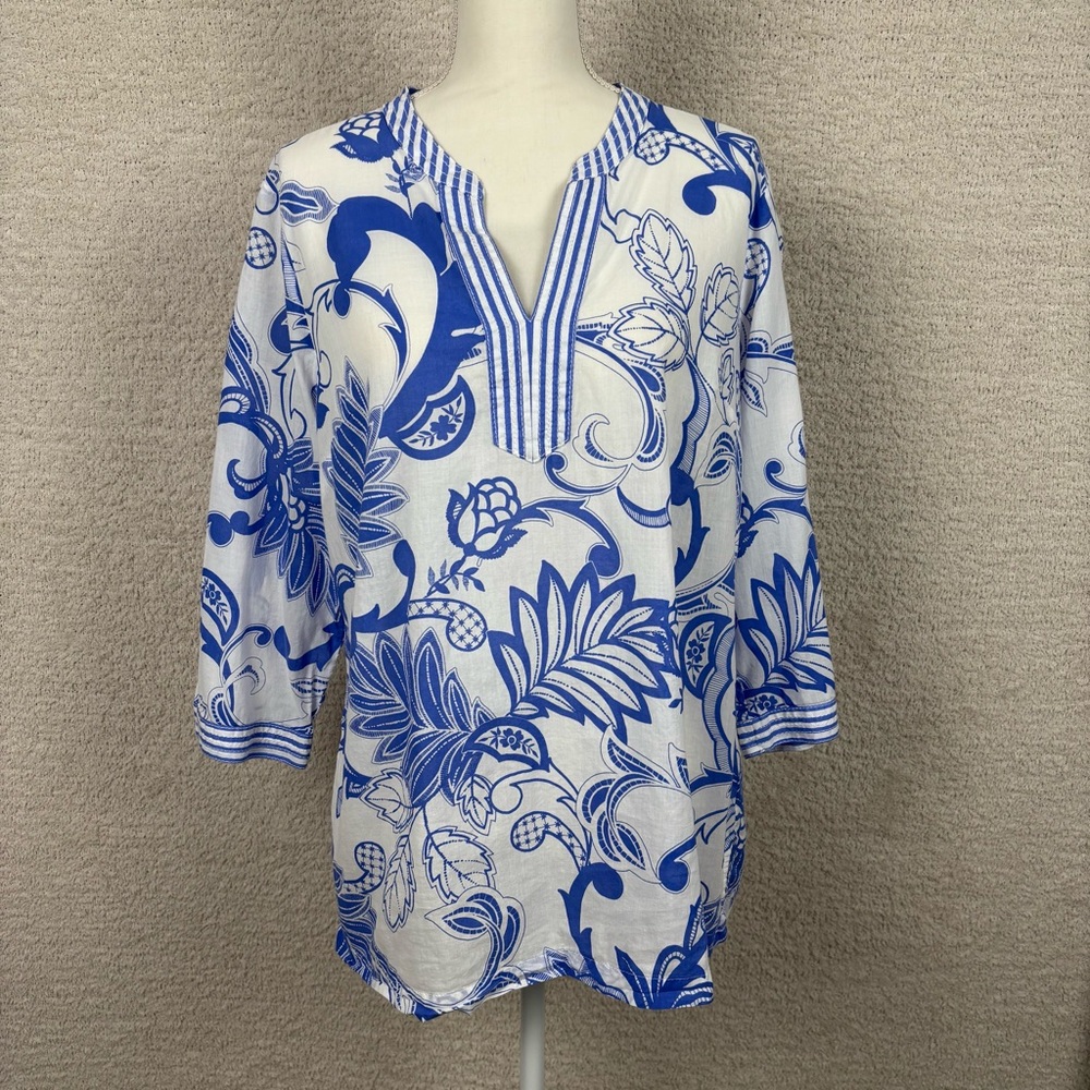 Talbots Top Womens‎ L Blue White Floral Embroidered Split Neck Semi Sheer Blouse